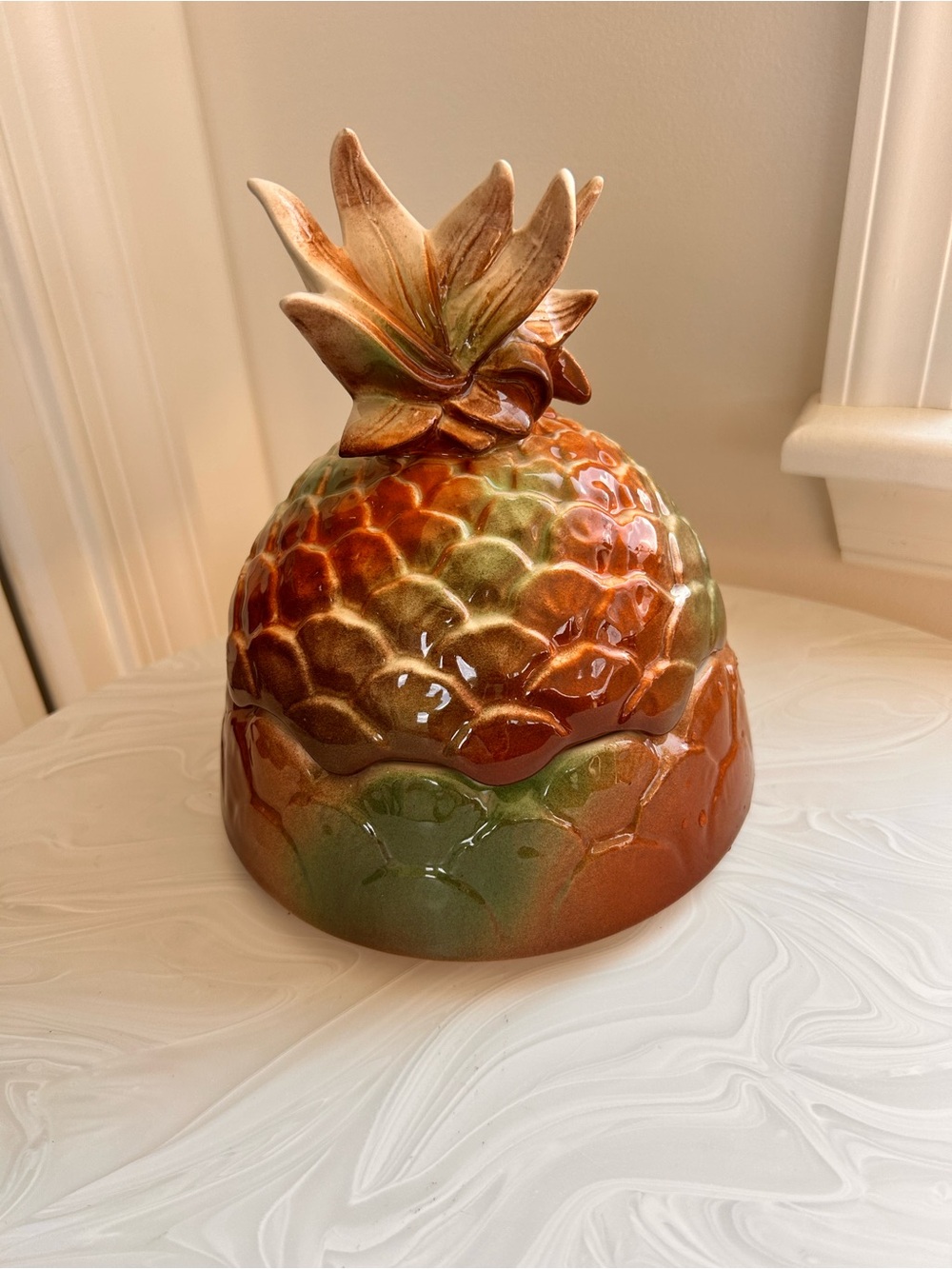 Source Unknown Glazed Ceramic Pineapple Jar in Orange and Green